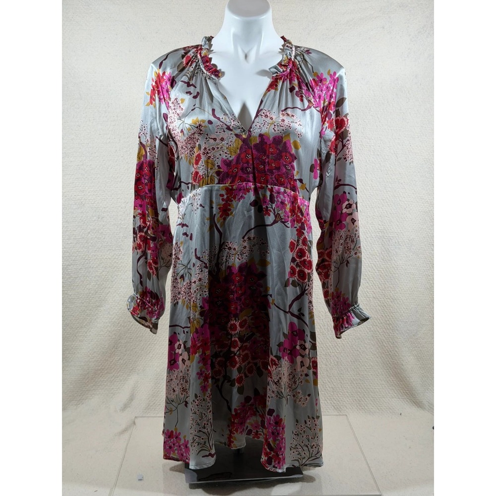 Spartina 449 Midi Dress Women Large Gray Pink Silk Floral Boho Coastal Chic
